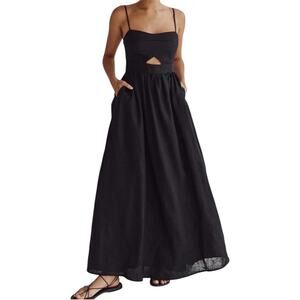 Commense Black Cotton Maxi Dress XL Heart Neckline Cut-Out Pockets NWT